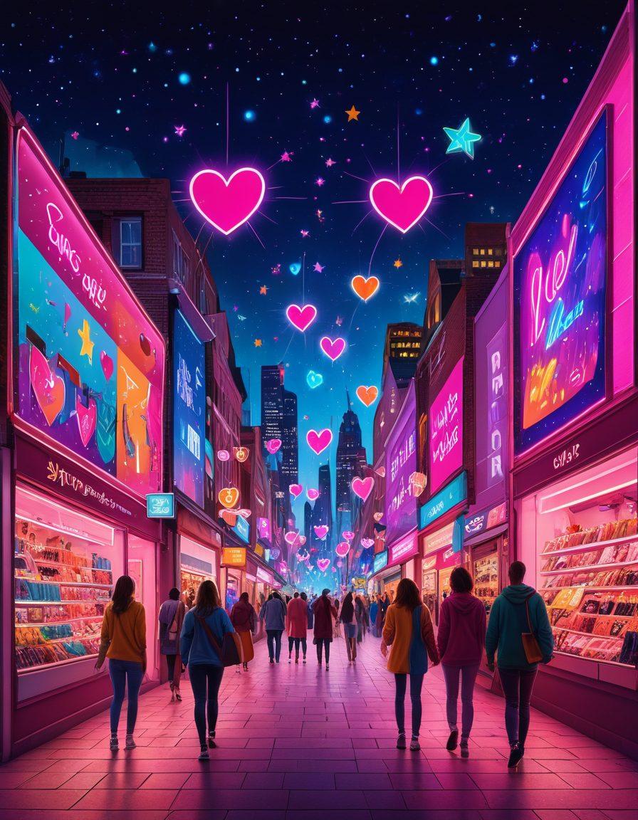 A vibrant online shopping interface with enticing neon lights showcasing various adult products. Include a diverse group of people happily exploring various sections, reflecting inclusivity and excitement. Incorporate playful elements like hearts and stars to highlight the fun aspect of shopping. The background should feature an abstract digital cityscape to evoke an online atmosphere. bright colors. modern design. vibrant and playful.