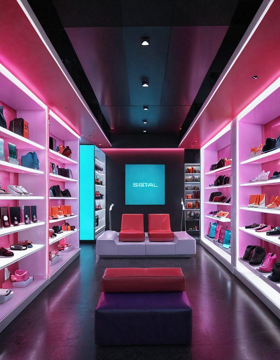 A futuristic digital mall interior filled with vibrant and innovative adult products, showcasing diverse and tasteful sexual wellness items on sleek, modern displays. Warm ambient lighting with soft colors creates an inviting atmosphere. Shoppers of various backgrounds engaging with interactive screens, exploring quality options. Include a chic lounge area promoting comfort and intimacy. super-realistic. vibrant colors. 3D.